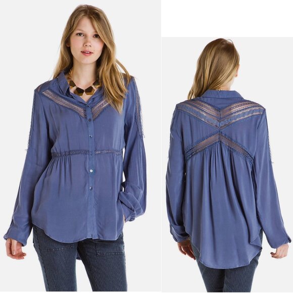 Free People Blue Grey Lace Panel Collared Blouse Size Small - Picture 1 of 5